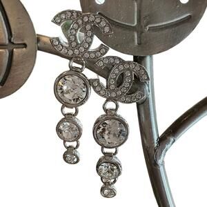 CHANEL Women's Stunning Silver Strass and Crystal CC Long Dangle Earrings - NWT